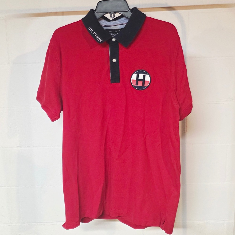Tommy Hilfiger Mens XL Red Short Sleeve Polo Shirt Navy Hilfiger Collar 'H' Logo